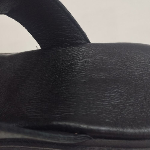 Black leather platform sandal with gold buckle, size 38