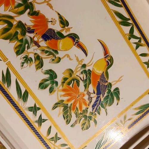 Wooden serving tray white lacquer with exotic design, like new