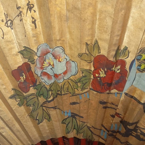 Large decorative Asian art wall fan with peacock feathers and peonies, vintage