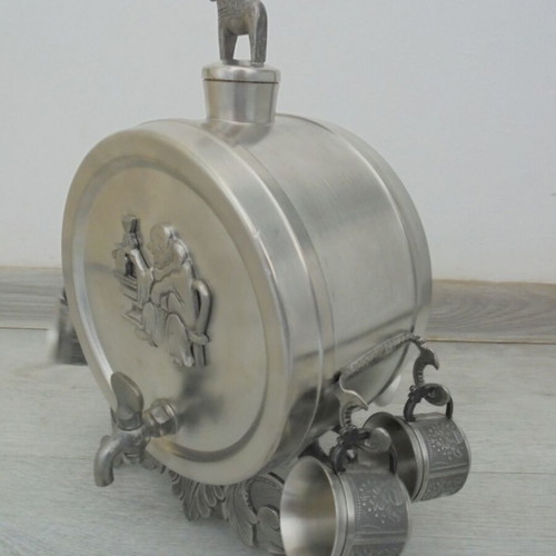 Swedish pewter decanter set with 6 small metal cups, TENN BOLLNÄS