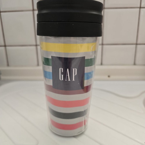 GAP beverage thermos used, colorful stripes
