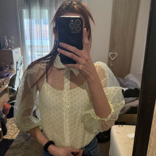 Seethrough Decoro Shirt new, puffed 3/4 sleeves, white-green, size M