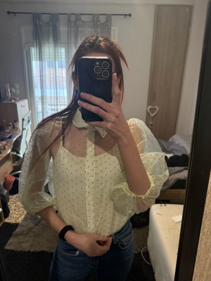Seethrough Decoro Shirt new, puffed 3/4 sleeves, white-green, size M