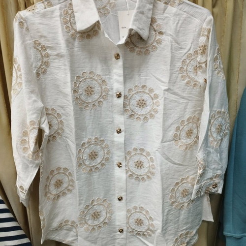Women's shirt white with beige sun embroidery new