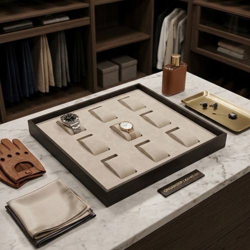 Luxury watch organizers set of 2, navy blue wood and beige suede