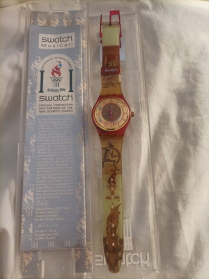 Swatch watch from 1996 Atlanta Olympics used, red strap with wear