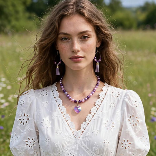 Purple beaded necklace and earrings set