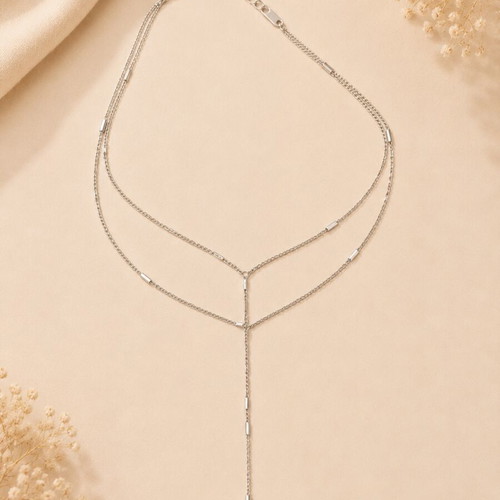 Layered silver necklace with Y-shaped pendant, new