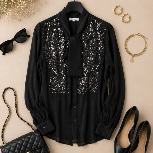 Elegant black shirt with sequin shine, size L