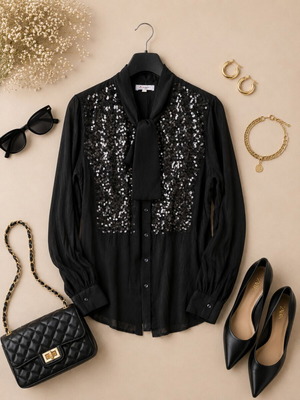 Elegant black shirt with sequin shine, size L