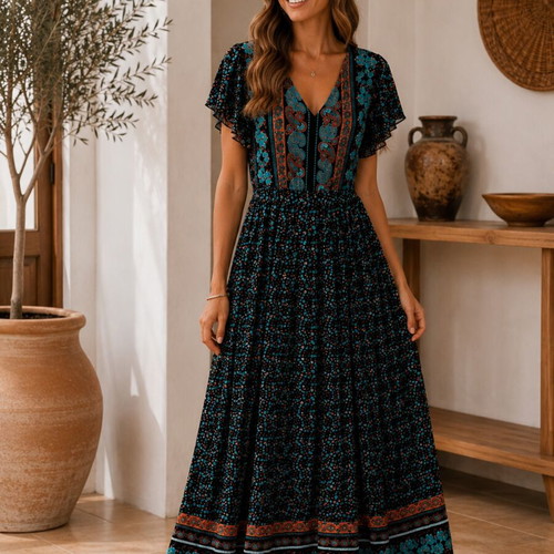 Women’s Long Maxi Dress, 100% Viscose, Boho Floral Print, Size L