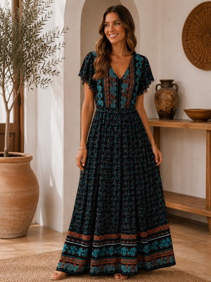 Women’s Long Maxi Dress, 100% Viscose, Boho Floral Print, Size L