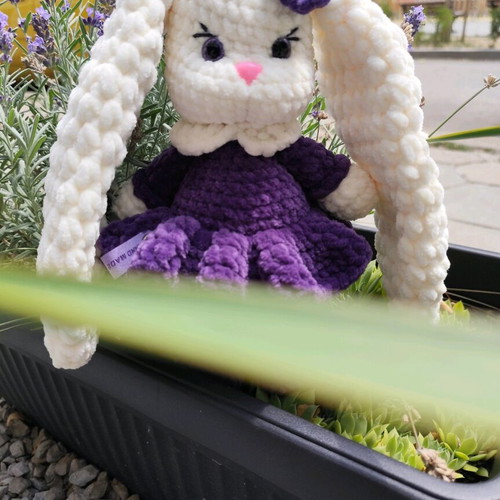 Handmade plush bunny 27 cm new with purple dress
