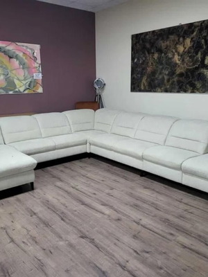 Γωνιακός καναπές σχήματος Π MR 1390 από ύφασμα ανοιχτό κρεμ νέος με ηλεκτρική ανακλινόμενη θέση