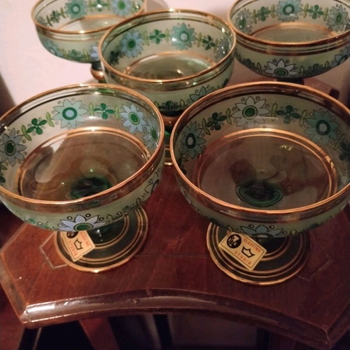 Vintage glasses used, pack of 5 with painted flowers and gold details