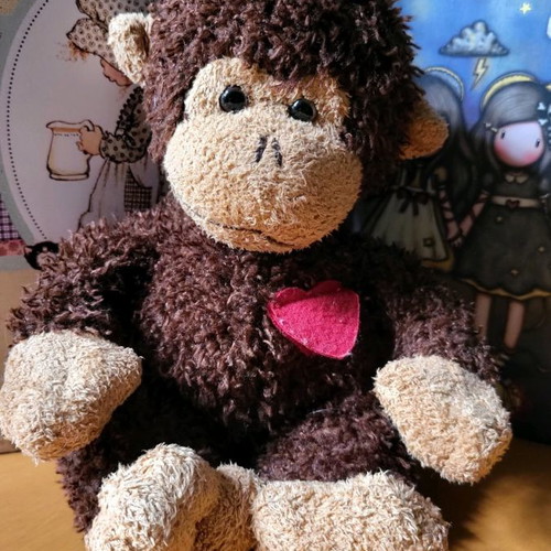 Russ kisses stuffed monkey used brown with heart