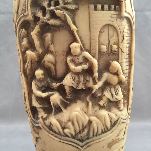 Vintage Oriental Vase with Relief Scenes and Elephant Handles like New