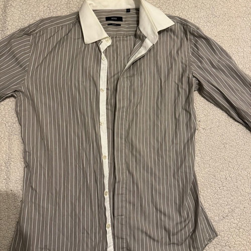 Boss men's slim fit striped shirt like new, size L, white and gray