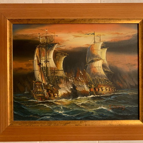 J.Harvey painting like new naval battle theme in wooden frame