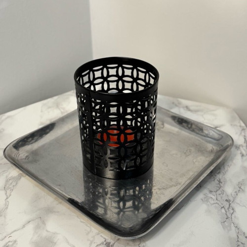 Metal tray and candlestick set used