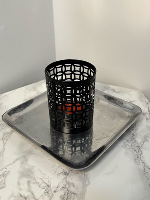 Metal tray and candlestick set used