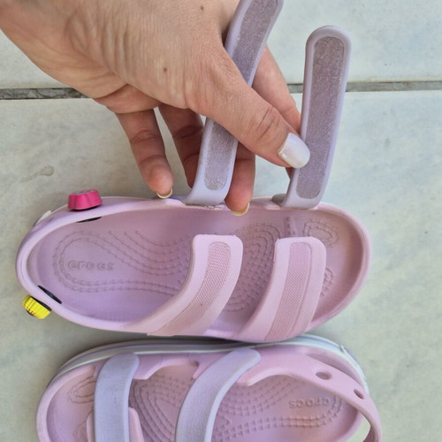Crocs pink sandals with 3 charms, size C9