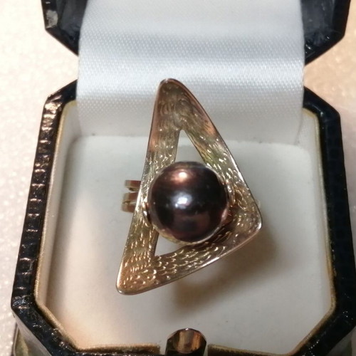 Silver ring 925 with black pearl 10.5mm, 24kt gold plated, new