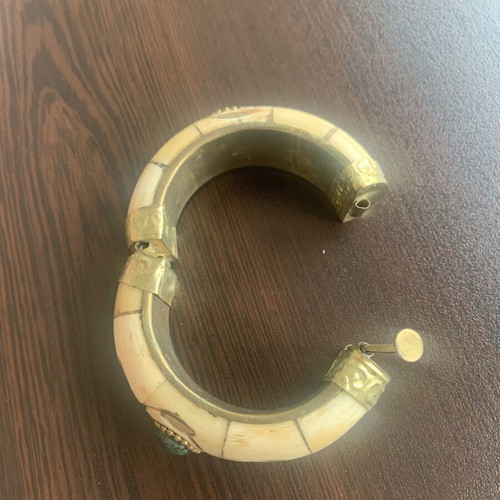 Ethno bracelet made of brass and bone, vintage inlay, boho style, like new