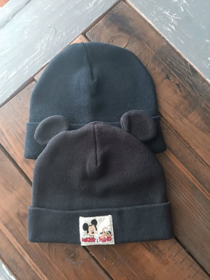 H&M set of 2 baby beanies used, navy blue and grey with Mickey Mouse