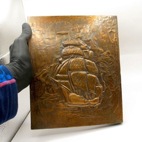 Vintage copper wall art with sailing ship relief, like new
