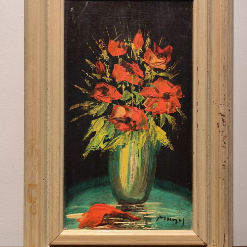 Manos Zacharakis oil painting used, Red Flowers in Green Vase