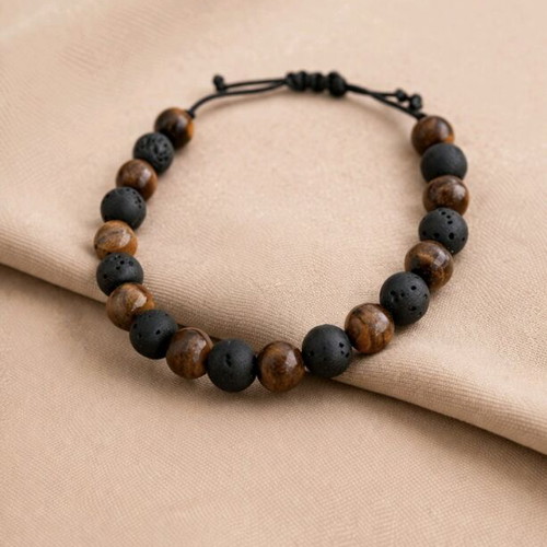 Men's bracelet with natural Tiger's Eye and volcanic lava new