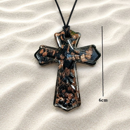 Murano Glass Necklace with Leather Strap new, black and gold
