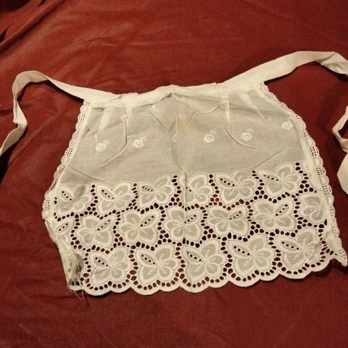 Handmade vintage embroidered apron used, Richelieu cut