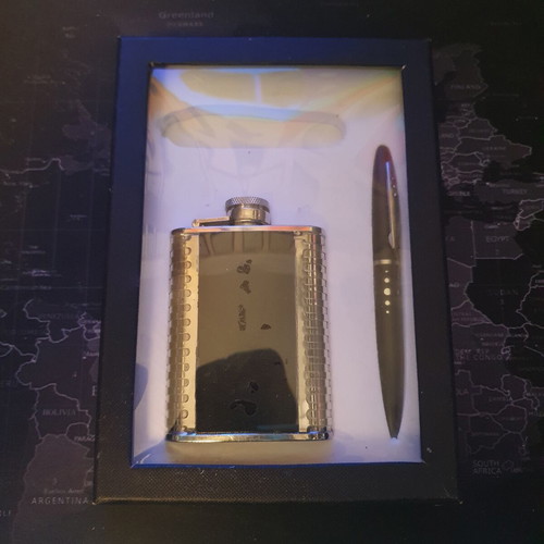 Gift set with flask and metal pen, new