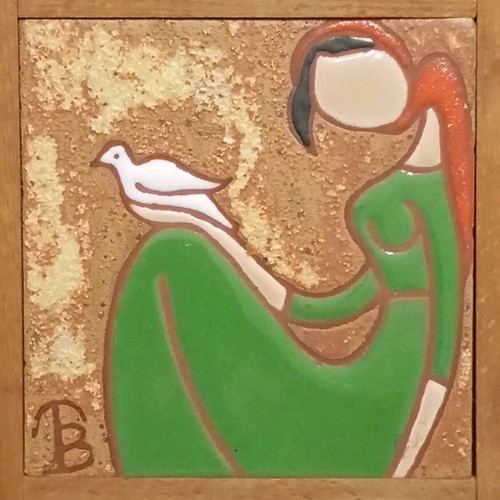 Ceramic tile used with girl and dove motif 9.5x9.5