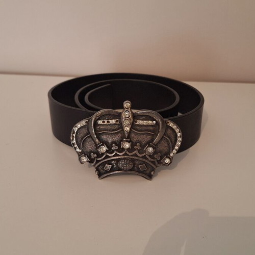 Vintage Genuine Leather Black Belt with Rhinestone Crown Buckle