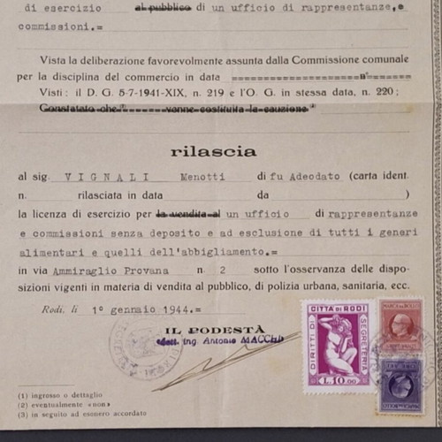 Historical document from Rhodes 1944 used, official commercial license with stamps