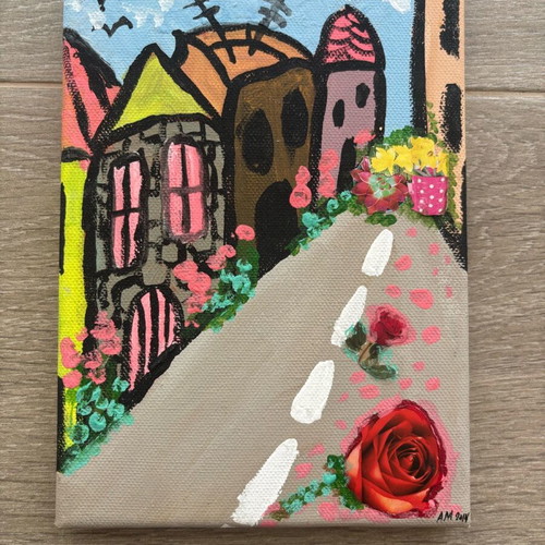 Painting triptych like new, combination of painting and collage
