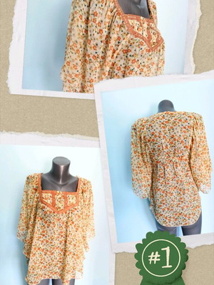 Sheer tunic with batwing sleeve restored, floral print