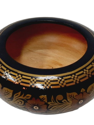 Vintage hand-carved and painted wooden bowl used, decorative with crack