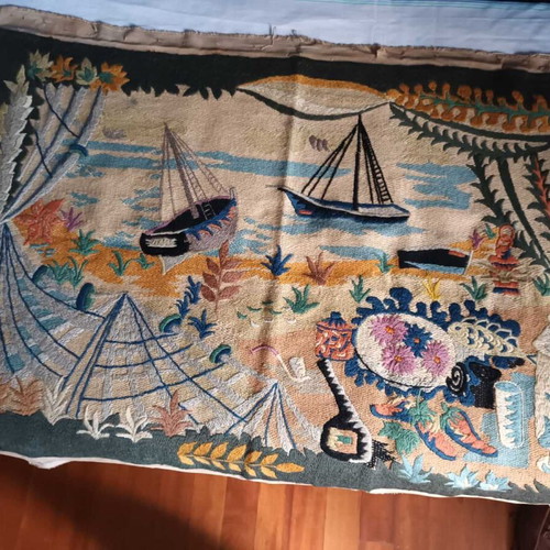 Old embroidery with flat stitch for framing used