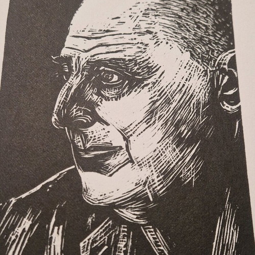 Linocut Nikos Kavvadias by Giannis Stefanakis new 18×25