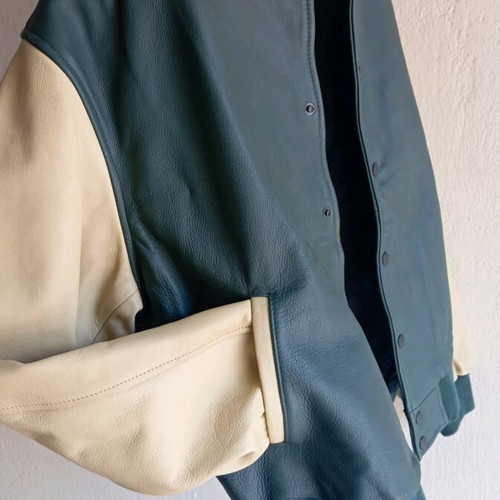 Union Mills Leather Bomber Jacket new beige green