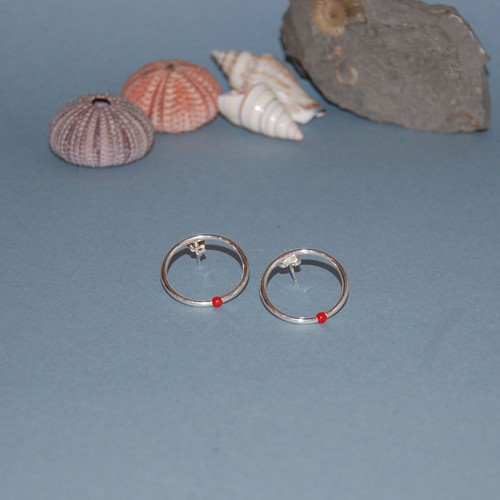Silver earrings hoops with turquoise and coral stones, new