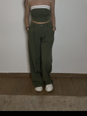 Khaki set with elastic waist pants and smocked back top new