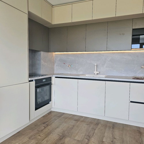 L-shaped kitchen new MDF and chipboard cabinets with Latte color