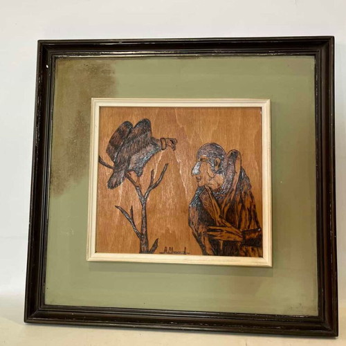 Vintage pyrography wall frame with vulture and elderly man, artist signature, 43x44