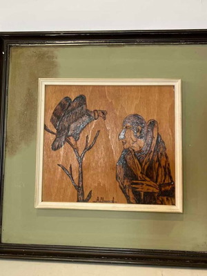 Vintage pyrography wall frame with vulture and elderly man, artist signature, 43x44