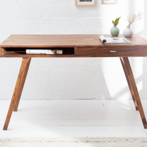Retro desk brown solid sheesham wood with shelf and drawer
